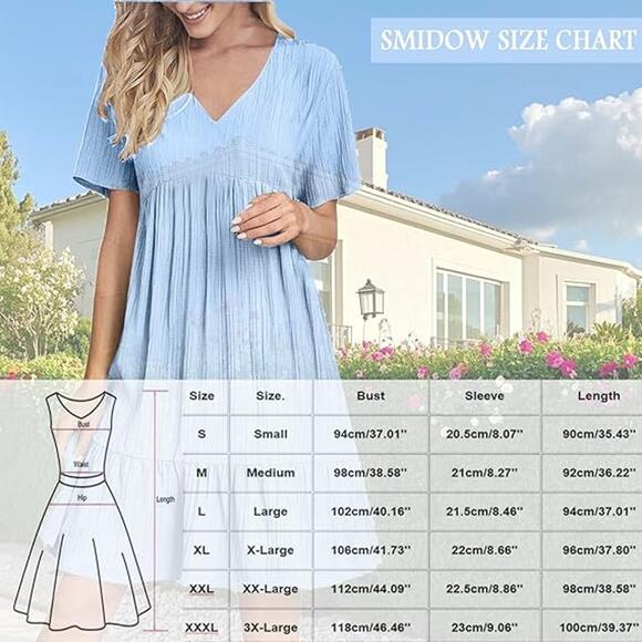 Women's Short Sleeve V-Neck Pleated Ruffle Flowy Blue Summer Dress size XL - Picture 6 of 6